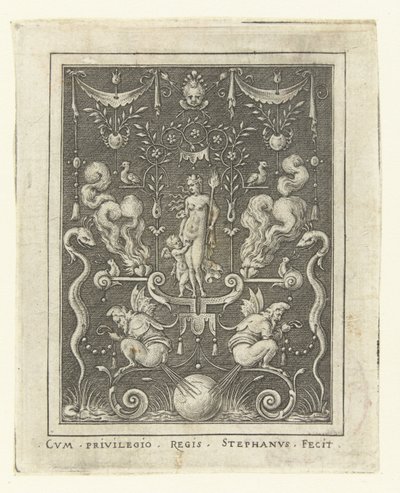 Dört yanan kalp arasında Amor ile Venüs Grotesk çerçeveli tanrı figürlü yüzey süslemeleri (sonraki versiyon) (seri başlığı) by Etienne Delaune