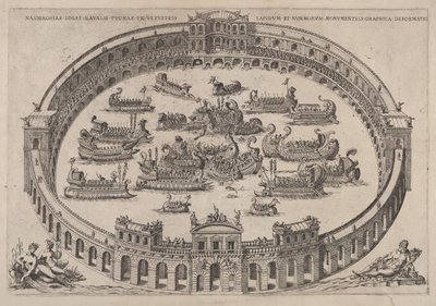 Bir Roma arenasında, Tiber nehri ve sol altta periler ile donanma angajmanı..., 1577-85. by Etienne Duperac