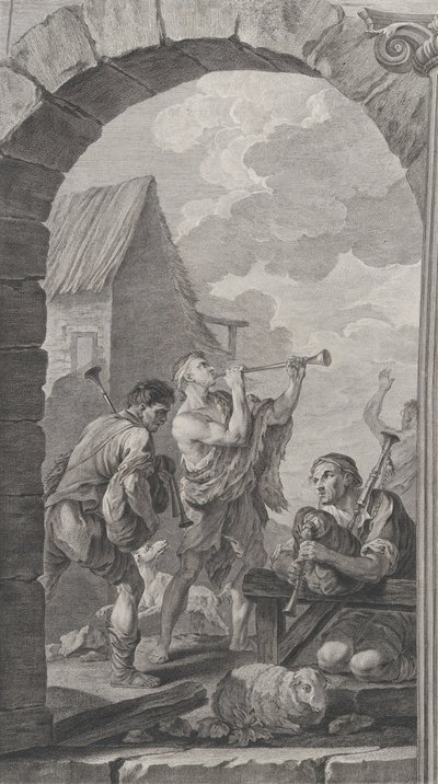 Paris'teki Foundlings Şapeli: Çoban Grubu: trompet ve m..., 1754. by Etienne Fessard