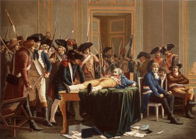 10. Thermidor II. Yıl sabahı; Maximilien de Robespierre, kırık çeneli, masaya yayılmış (chromolitho) by Etienne Lucien (after) Melingue