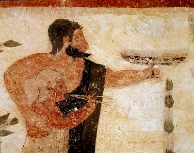 Sakallı bir adam bir fincan sunuyor, yanında bir müzisyen (fresk detayı, MÖ 530) by Etruscan
