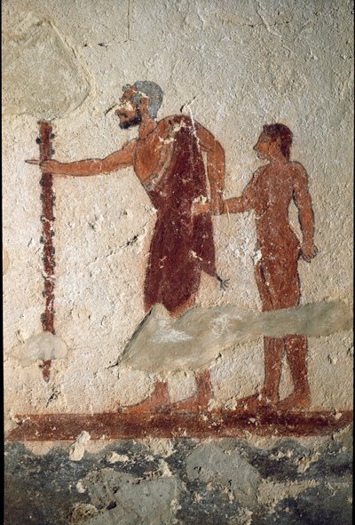Genç bir adam eşliğinde yaşlı bir adam (Fresco, detay, MÖ 530) by Etruscan