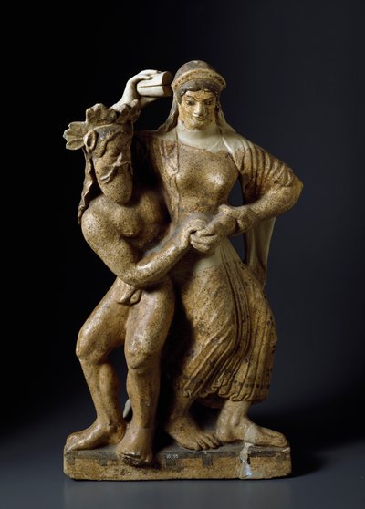 Antik etrüskler: “” Satyr ve dans eden menade ”” Mater matuta a Satricum tapınağından pişmiş toprak heykel. 480 M.Ö. Boyut 59 cm Roma, Villa Giulia Ulusal Müzesi by Etruscan