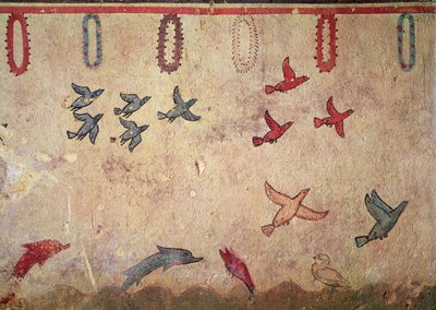 Avcılık ve Balıkçılık Mezarı'ndan su kuşları ve sıçrayan yunuslar, MÖ 520-10 dolayları (duvar resmi) by Etruscan