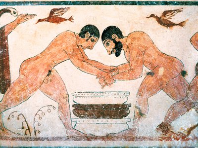 Etrüsk sanatı: İtalya, Viterbo yakınlarındaki Monterozzi Tarquinia nekropolündeki augurların mezarında tasvir edilen sporcular. MÖ 6. yüzyıldan fresk. by Etruscan