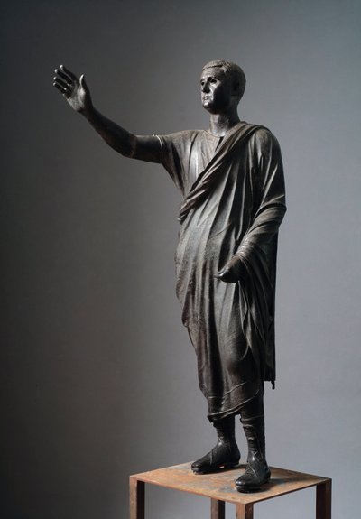Aule Metele (Hizmetçi), Romalı hatip - Etrüsk Bronz heykeli, h: 179 cm, yaklaşık MÖ 90-70, Pila, İtalya