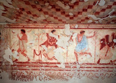 Bir ziyafet sırasında dansçılar ve müzisyenler. Tomba del triclinium'un freskleri, MÖ 5. yy by Etruscan