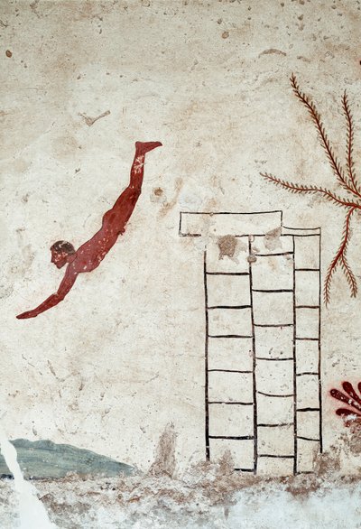 Etrüsk sanatı: Genç bir yüzücü dalışı. "Dalgıç" mezarının freski. Detay. Paestum