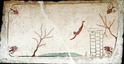 Etrüsk sanatı: Genç bir yüzücü dalışı. "Dalgıcın" mezarının freski. Paestum