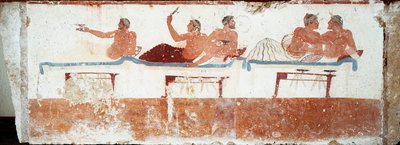 Etrüsk sanatı: ziyafet sahnesi. "Dalgıç" mezarının freski. Paestum