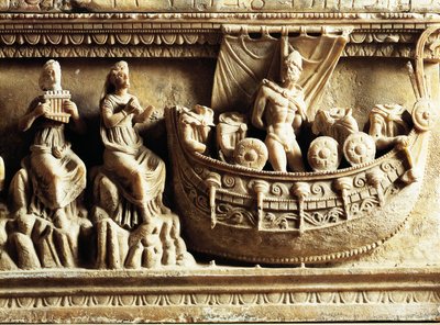 Etrüsk uygarlığı, kaymaktaşı vazo, Odysseus ve Sirenleri betimleyen kabartmanın detayı by Etruscan