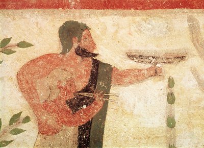 Baron'un Mezarı'ndan çift flüt çalan bir adam ve çocuğun başı, MÖ 500 dolaylarında 407470 duvar resmi detayı by Etruscan