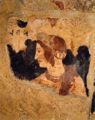 İtalya, Latium bölgesi, Tarquinia (Viterbo eyaleti), Etrüsk nekropolü, Orcus Mezarı, Velia Velcha (Velia Spurinas), Arnth Velcha'nın karısı olarak bilinen kadın portresi ile ziyafet sahnesinin detayı, fresk by Etruscan