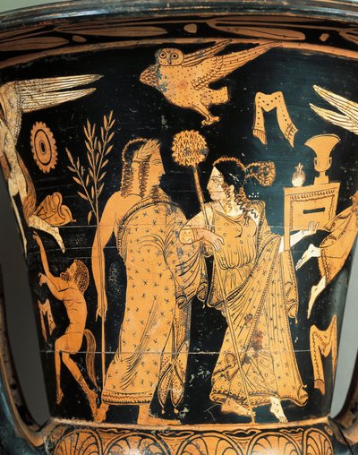 Kırmızı figürlü çanak çömlek, Krater, Civita Castellana, antik Falerii, Roma eyaleti, İtalya, detay, taçlandırılmış Dionysus ve Ariadne by Etruscan