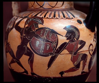 İki asker arasındaki bir düelloyu temsil eden pişmiş toprak amfora, MÖ 520-500 by Etruscan