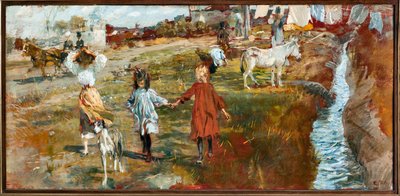 Çocuklar ve köpeklerle ülke manzarası, nehir kenarında bir eşek (tuval üzerine yağlı boya by Ettore Tito