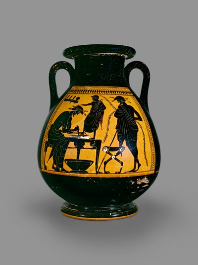 Bir kunduracının bir ayakkabı için deri kesme sahnesiyle süslenmiş tavan arası siyah figürlü pelike, MÖ 5. yy başlarında (seramik) by Eucharides Painter