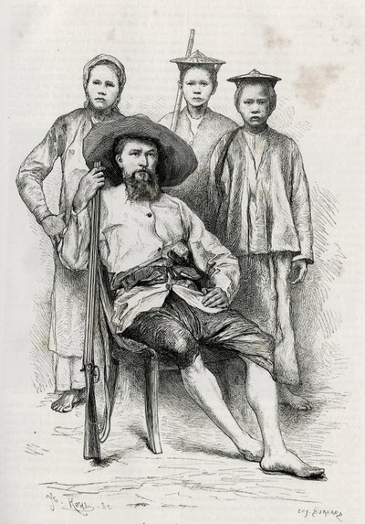 Yazarın portresi, seyahat arkadaşlarını çevreler. Eugene Burnand tarafından yapılan gravür, 1880