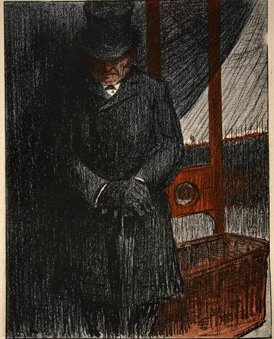 Bir cenaze levazımatçısı giyotinle bir sonraki kurbanını bekliyor, 'Tereyağı Tabağı: Görevliler'den bir çizim, 9 Ağustos 1902 (renkli taş) by Eugene Cadel
