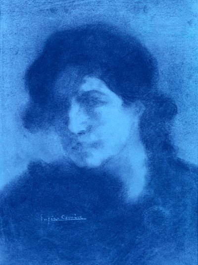 Bir Kadının Portresi (mavi mürekkep ve kağıt üzerinde yıkama) by Eugène Carrière