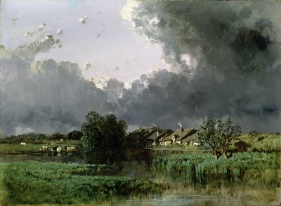 Bir göletin kenarındaki Hamlet, 1849 by Eugene Ciceri