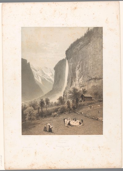 Staubbach şelalesi manzaralı piknik Le Staubbach (nesne üzerindeki başlık) La Suisse et la Savoie (dizi adı) İsviçre ve Savoy