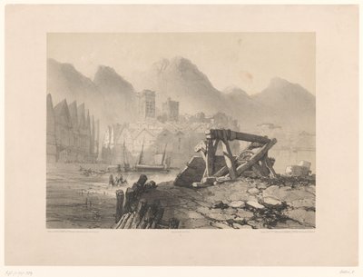 Liman ve dağlar ile şehir manzarası by Eugene Ciceri