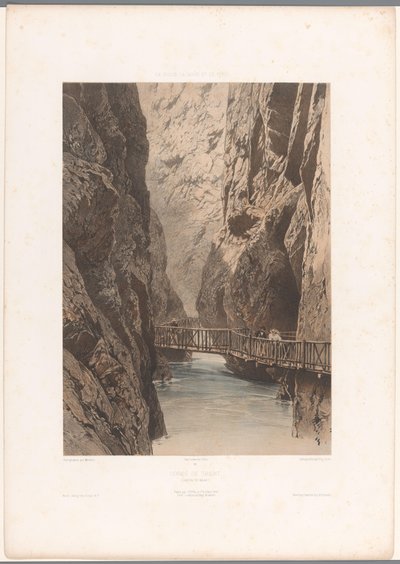 Trientschlucht üzerinden bir köprüde yürüyüşçüler Gorge de Trient (nesne üzerindeki başlık) İsviçre, Savoy ve Tirol