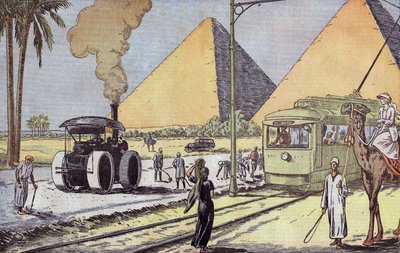 Mısır'daki Gize piramitlerinin görünümü, Eugene Damblans'ın 1 Ocak tarihli Fransız gazetesi "Le Pelerin"den çizimi by Eugene Damblans