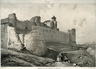 Carcassonne, şehir surları, ağır hasar görmüş by Eugene Emmanuel Viollet le Duc