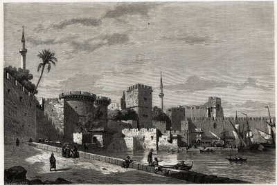 Eugene Flandin'in 1844'te Rodos adasına yaptığı yolculuğunu göstermek için çizdiği, Rodos limanı ve Aubusson kapısının görünümü. Edouard Charton tarafından düzenlenen “Le tour du monde” deki gravür by Eugene Flandin