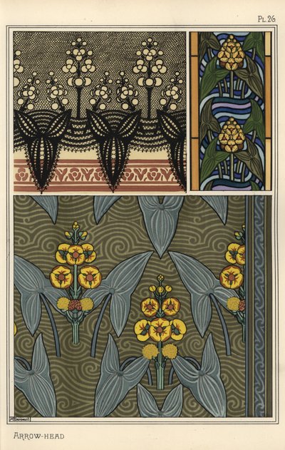 Ok ucu, Sagittaria sagittifolia, nakış, vitray ve kumaş desenlerinde tasarım motifi olarak by Eugene Grasset