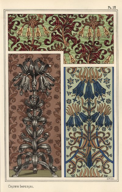 Taç imparatorluk çiçeği, Fritillaria Imperialis, duvar kağıdı ve kumaş desenlerinde ve çelik bir sanat nesnesi için tasarım olarak by Eugene Grasset