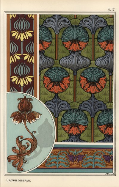 Kraliyet imparatorluk çiçeği Fritillaria Imperialis, duvar kağıdı ve kumaş desenlerinde ve bir ferforje lamba tasarımı olarak by Eugene Grasset
