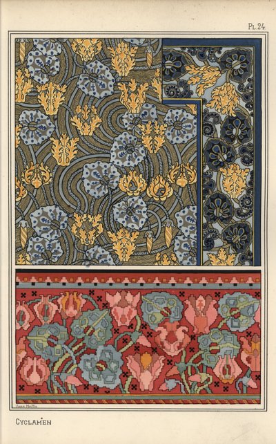Goblen, kumaş ve duvar kağıdı tasarımlarında motif olarak siklamen persicum bitkisi. Anna Martin tarafından litografi by Eugene Grasset