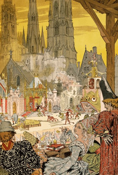 Katedralin avlusundaki gizem tasviri, Victor Hugo'nun (1802-1885) Notre-Dame de Paris için illüstrasyonu by Eugene Grasset