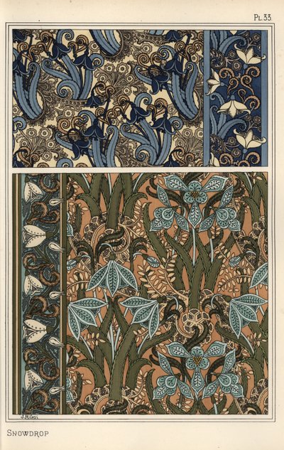 Kardelen, Galanthus nivalis, duvar kağıdı, bordür ve kumaşlarda tasarım motifi olarak by Eugene Grasset