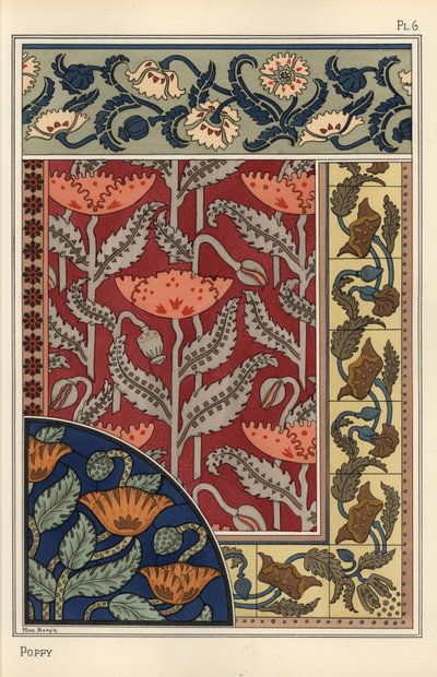 Haşhaş, Papaver somniferum, vitray, duvar kağıdı, kumaş ve fayans desenlerinde. Marc Mangin tarafından litografi by Eugene Grasset