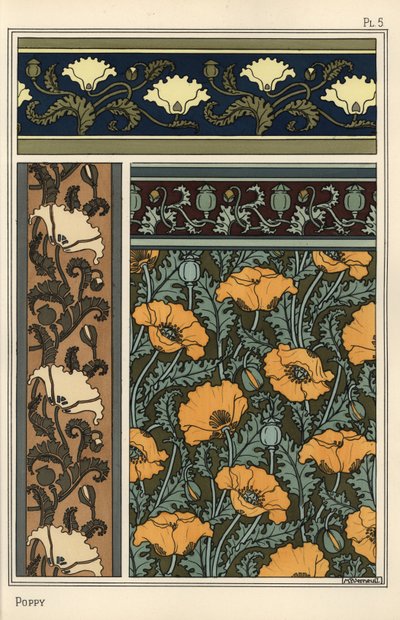 Haşhaş, Papaver somniferum, duvar kağıdı ve kumaş desenlerinde. Verneuil tarafından litografi by Eugene Grasset