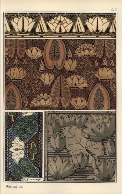 Kumaşta nilüfer, Nelumbo lutea, kanaviçe işi goblen ve kabartma kalıp desenleri. C. G. Schlumberger tarafından litografi by Eugene Grasset