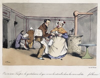 Bir Fransız kafesinde duran orman karikatürü. by Eugene Hippolyte Forest