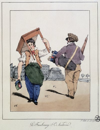 Le faubourg St Antoine: mobilya tamircisi ve yürüyen şemsiye tüccarı - Eugène Forest, ed. Delpech, Paris, v.1830 by Eugene Hippolyte Forest