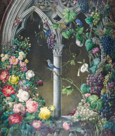 Gül Demetleri, Ipomoea ve Üzüm Asmaları, Fantastik Gotik Tarzda Bir Oyun Salonu Etrafında, İki Kuş, Bilinmeyen Türler ve Bir Kaplan Güvesi (kağıt üzerinde ve gövde renginde) by Eugene Joseph Prevost