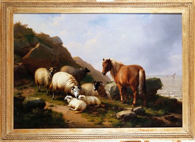 1868 ötesinde bir yelkenli gemi ile bir uçurumun üzerinde bir midilli ve koyun by Eugene Joseph Verboeckhoven