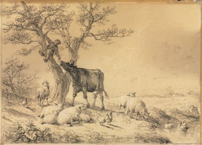 Hayvanlarla ve Ağaçta Çocukla Manzara by Eugene Joseph Verboeckhoven