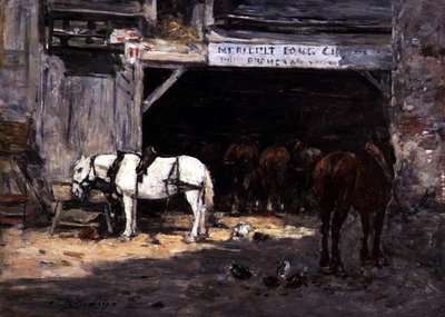 Avluda Kiralık Atlar, c.1885-90 (panelde yağ) by Eugene Louis Boudin