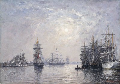Le Havre, Eure Basin, Yelkenli Tekneler At Anchor, Gün Batımı; Le Havre, Eure Basin, Çapada Yelkenliler, Soleil Couchant, 1870 by Eugene Louis Boudin