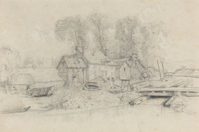 Binalar, Tekneler ve Figürler ile Nehir Manzarası, c. 1858. by Eugene Louis Boudin