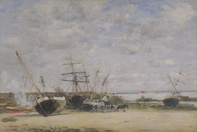 Kıyıdaki Gemiler ve Atlar by Eugene Louis Boudin