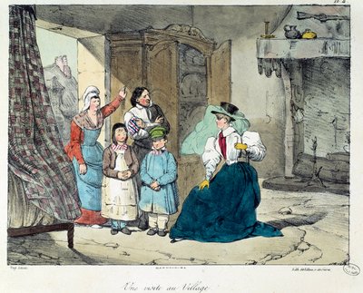 Köye bir ziyaret. Zengin bir kadın fakir bir aileyi ziyaret eder. “La vie de chateau” kitabının illüstrasyonu. Eugene Louis Lami